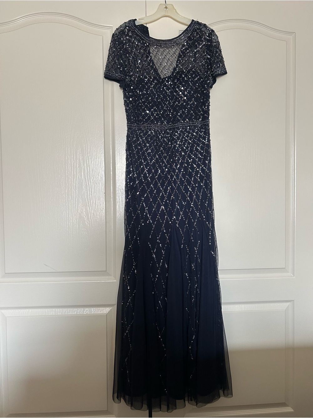 Adrianna Papell Navy Beaded Short-Sleeve Maxi Dress